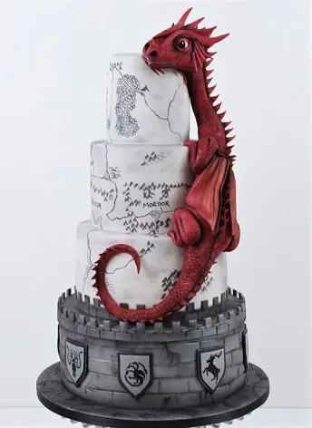 Lord of the Rings, Smaug the dragon, and Game of Thrones themed cake