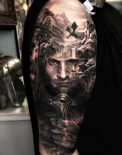 Brilliant and detailed Aragorn arm tattoo