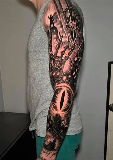 Full arm sleeve Sauron tattoo