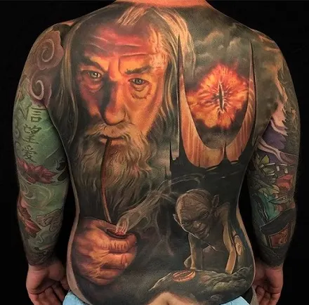 Gandalf and Gollum LOTR back tattoo