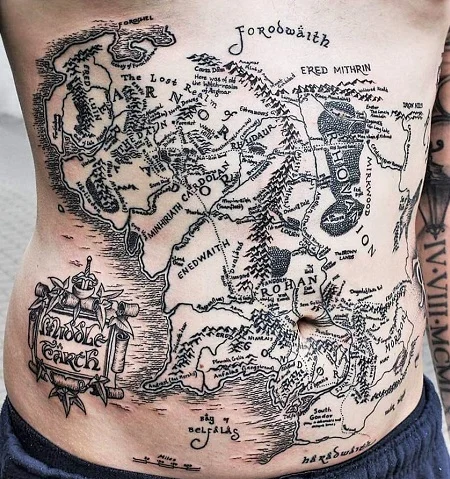 Big Middle Earth map tattoo on a man's chest and stomach