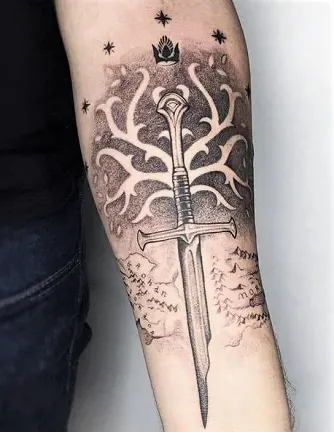 Narsil and white tree of Gondor arm tattoo