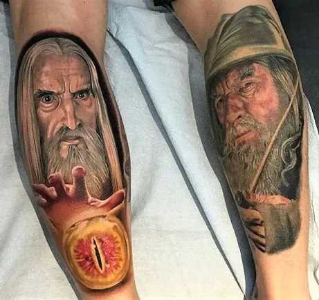 Realistic Gandalf and Saruman tattoos on each leg