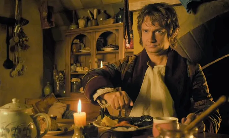 Bilbo Baggins eating his dinner meal at Bag End in The Hobbit movie