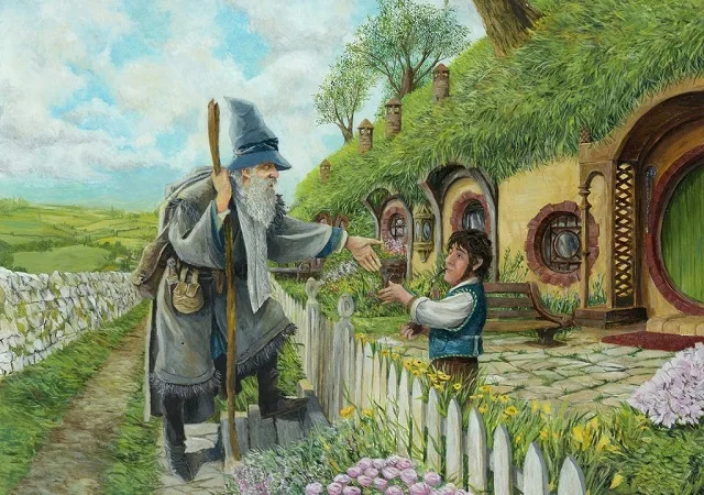 Gandalf meeting and choosing Bilbo Baggins in The Hobbit outside Bag End