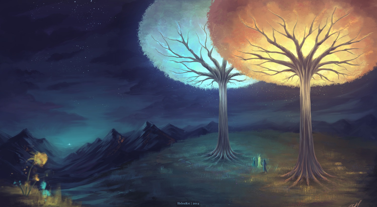 The Two Trees of Valinor in The Lord of the Rings. Art by HelenKei