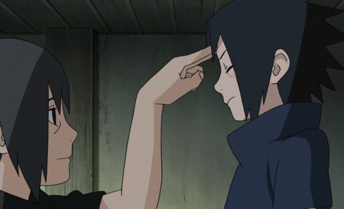 Itachi poking Sasuke's forehead