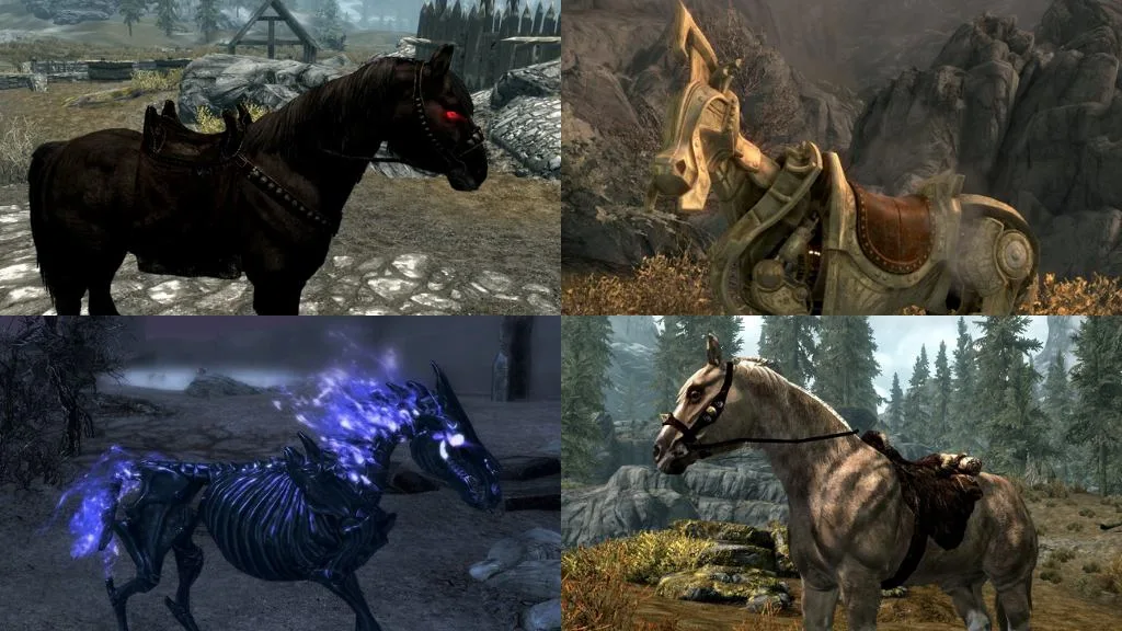 Unique Horses in Skyrim : Shadowmere (top left), Dwarven Horse (top right), Arvak (bottom left), and Frost (bottom right)