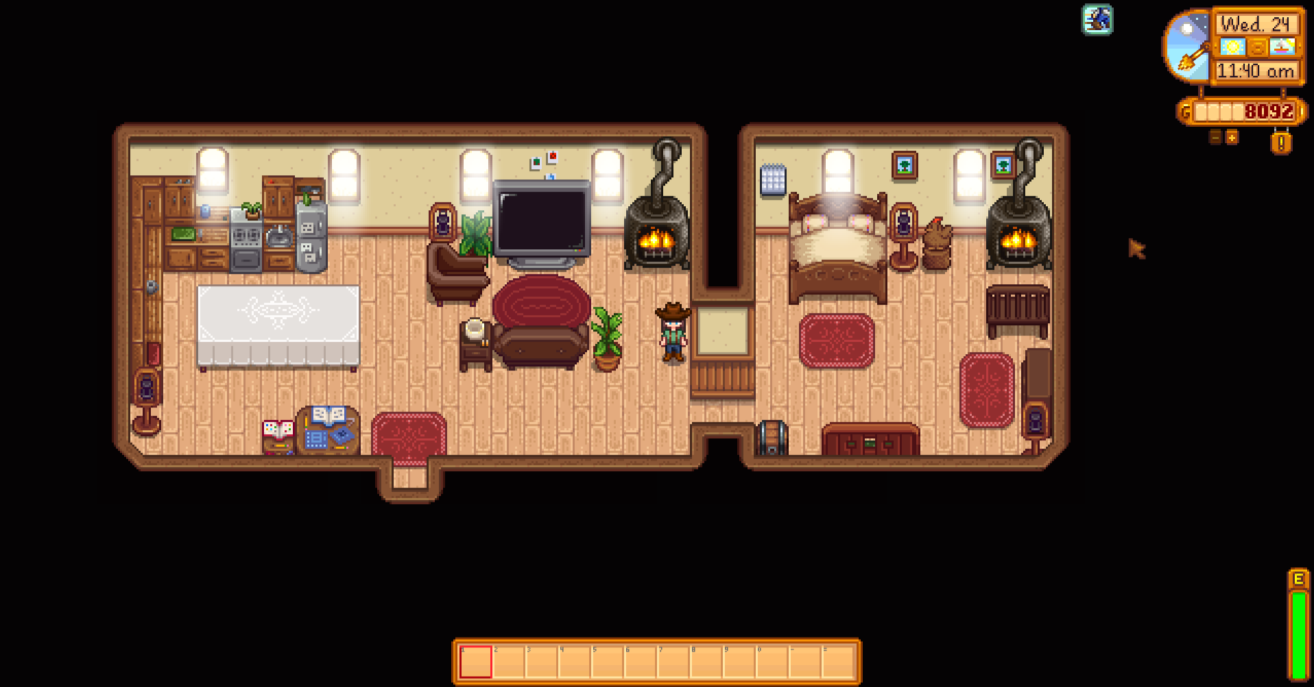 A fully decorated house in Stardew Valley