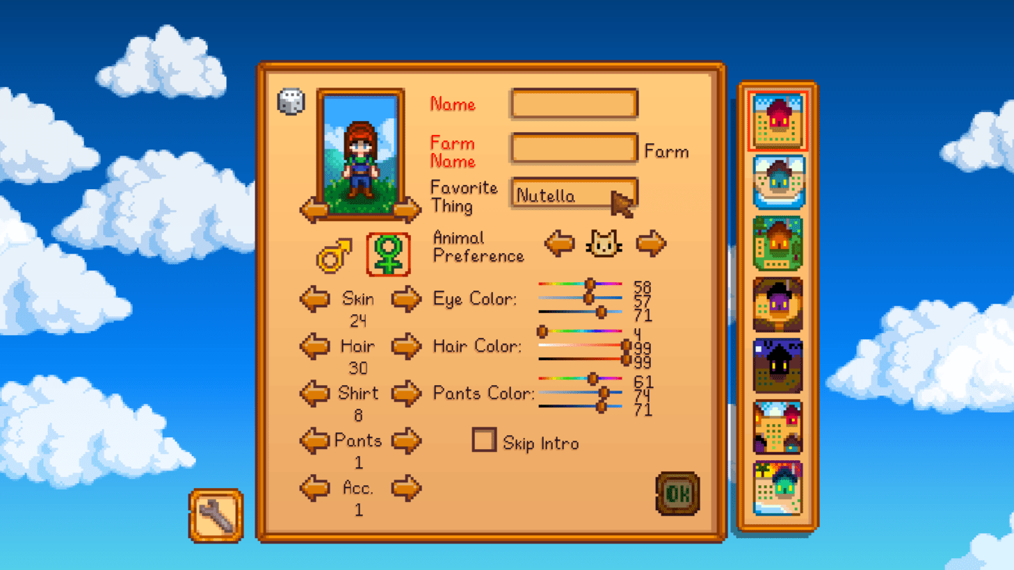 Stardew Valley Character Creation Menu, favorite thing as Nutella