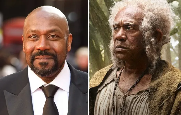 Actor Lenny Henry (left) and his Character Sadoc Burrows (right) in The Rings of Power