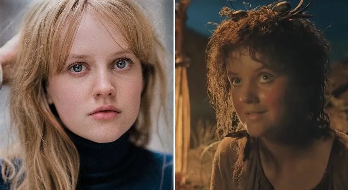 Actress Markella Kavenagh (left) and her character Elanor 'Nori' Brandyfoot (right) in The Rings of Power TV show