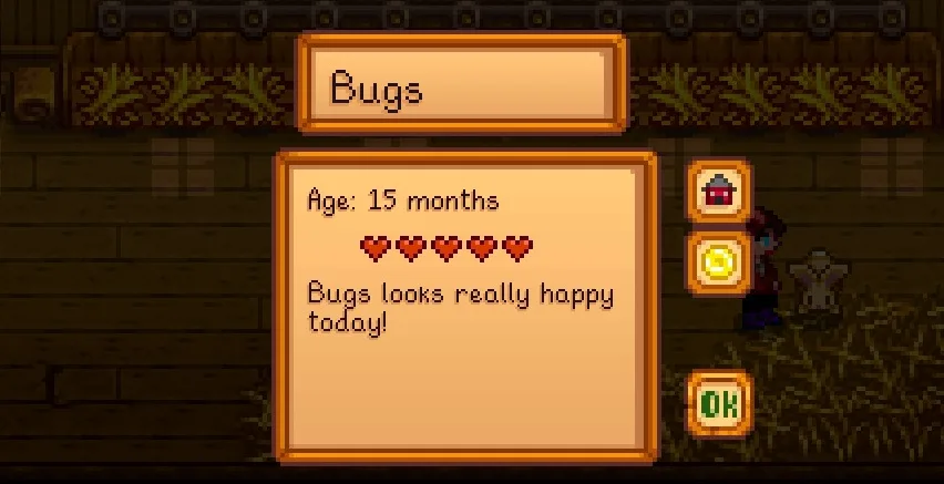 The hearts menu for a rabbit named Bugs. Age is 15 months, five hearts, and the comment reads, "Bugs looks really happy today!"