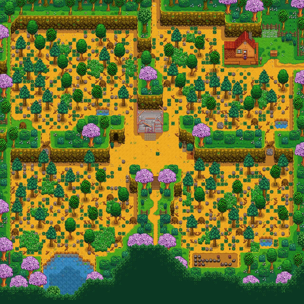 A Stardew Valley farm map with four distinct sections.