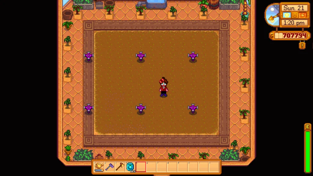 Screenshot of the Stardew Valley optimal greenhouse layout including saplings placed at regular intervals along the outside, six Iridium sprinklers, and the entire planting area fertilized.