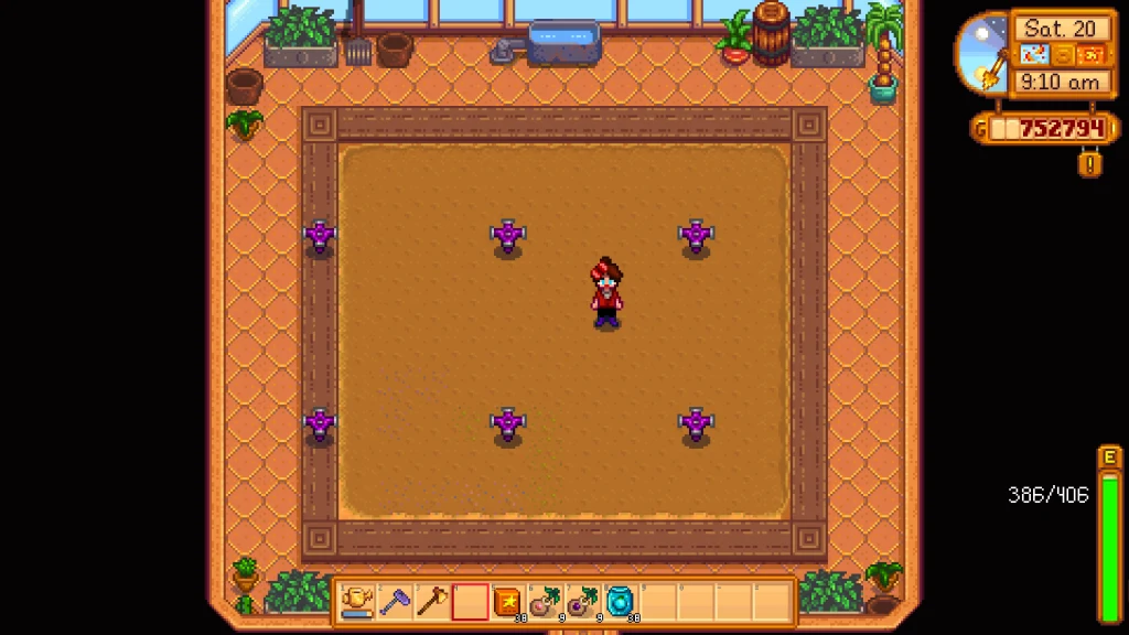Screenshot of the Stardew Valley greenhouse optimal layout for sprinklers. 6 Iridium sprinklers are position evenly across the open greenhouse planting area, with two on the outer left edge.