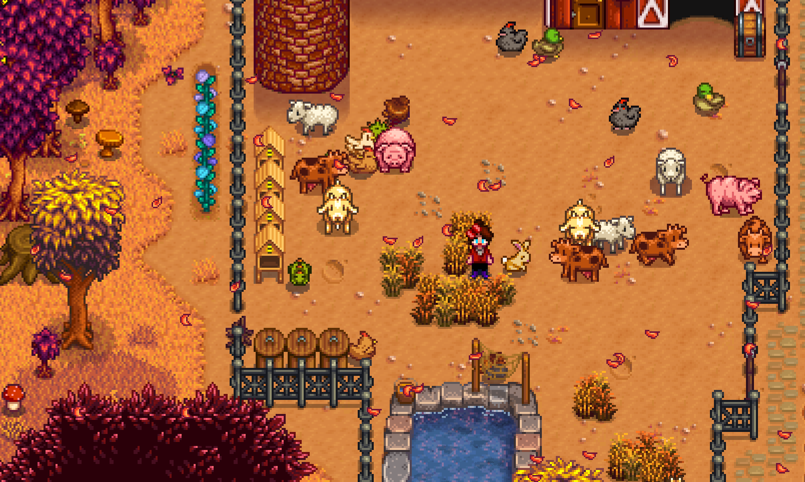 An animal pen in Fall. The farmer (a brunette in red and black) stands beside a rabbit and several other animals.