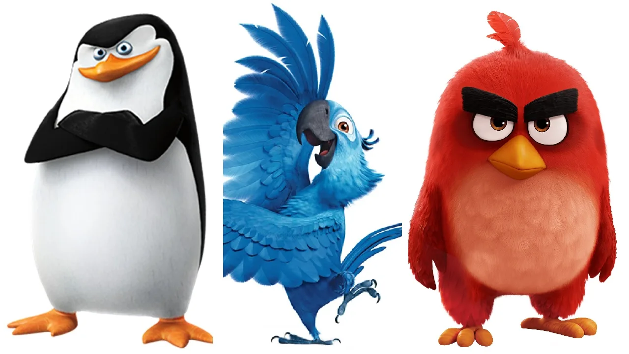 Three iconic cartoon birds, Skipper (left), Blu (middle), and Red (right)
