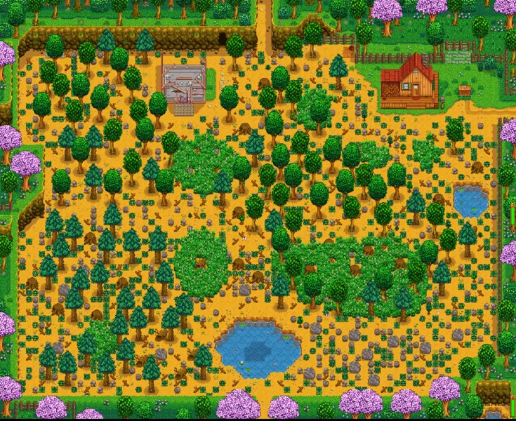 A Stardew Valley farm map with lots of open space and two small ponds.