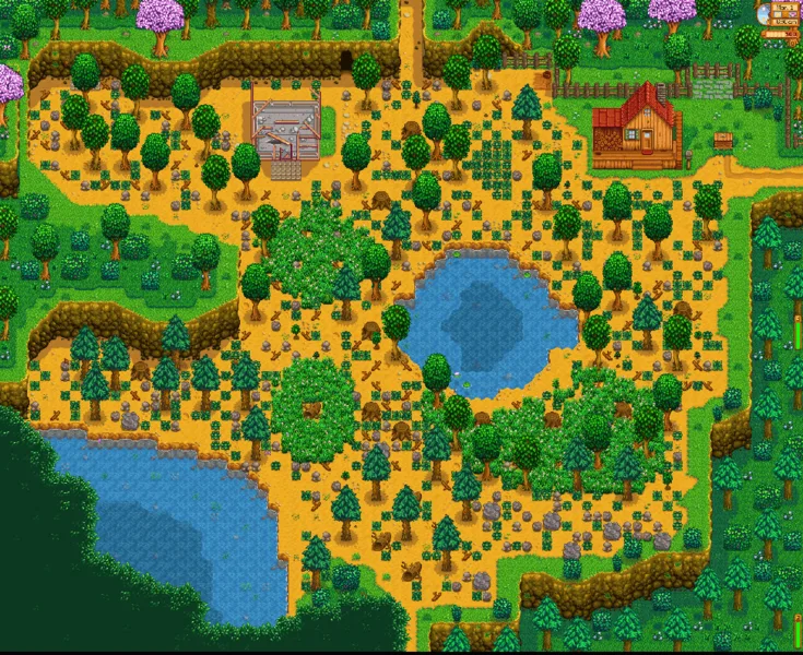 A Stardew Valley farm map with two large ponds and some inaccessible raised areas.