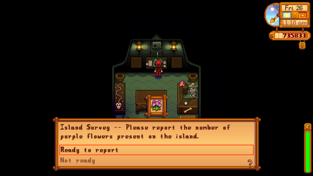 Screenshot of Stardew Valley. The player is in a small green tent. A text box reads, "Island Survey -- Please report the number of purple flowers present on the island."