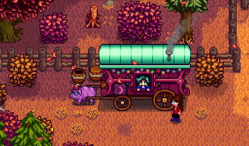 Fall. A purple cart with a teal roof, pulled by a pig wearing a fez. The farmer (a woman with brown hair, blue eyes, a red shirt, black pants, and purple shoes) stands beside it.