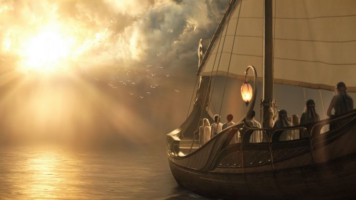 A ship of Elves leaving Middle Earth to go to Valinor in The Rings of Power TV show