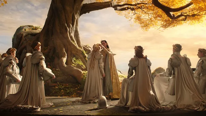 Gil-Galad putting a crown on Galadriel in The Rings of Power TV show