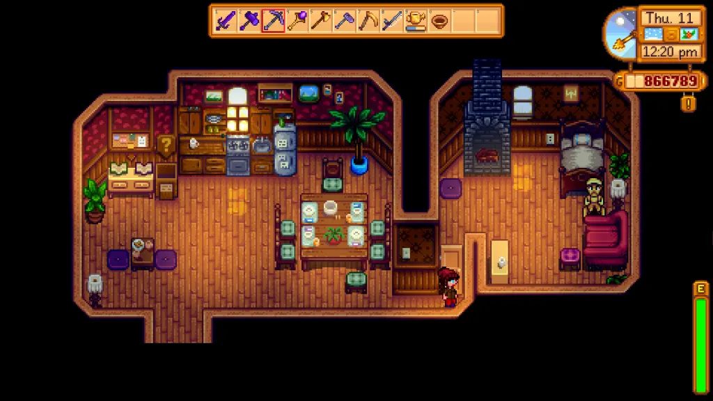 Screenshot of Stardew Valley. The player character stands in Mayor Lewis's house. In his bedroom is a golden statue of Mayor Lewis.