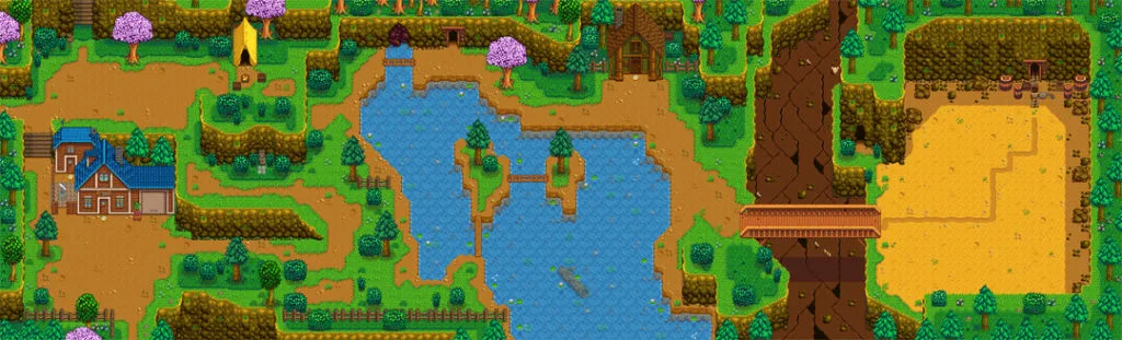The Stardew Valley Mountain area. Wide shot of the entire game area in spring. The Quarry is accessible, but empty, and the riverbed beside it is dry. The Sparkling Boulder is still in place.