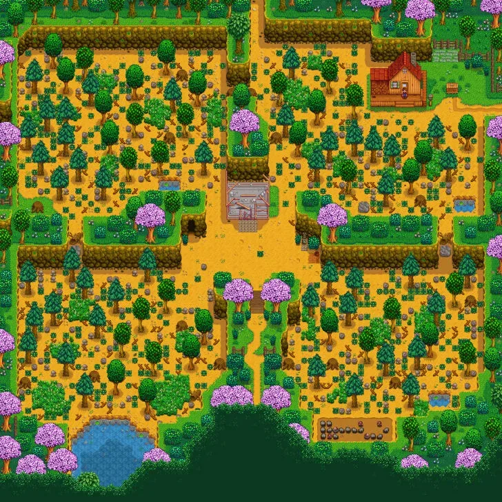 A Stardew Valley farm map of the Four Corners farm layout. The farm is scattered with trees and various starting debris such as grass and stones.