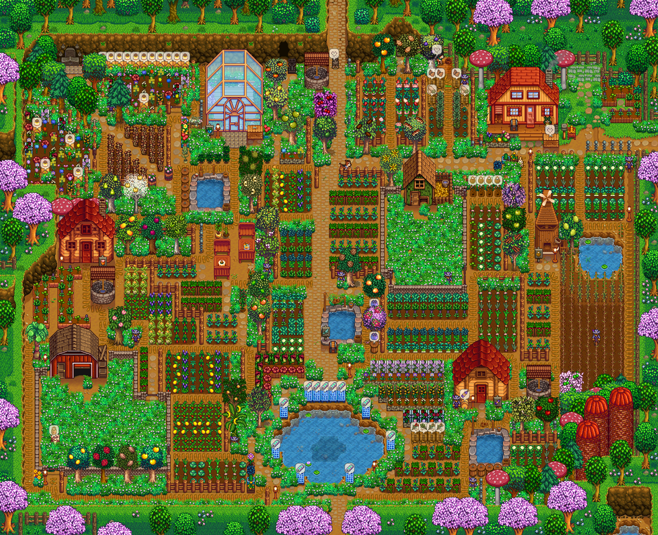 A Stardew Valley farm layout featuring many small crop plots on a standard farm.