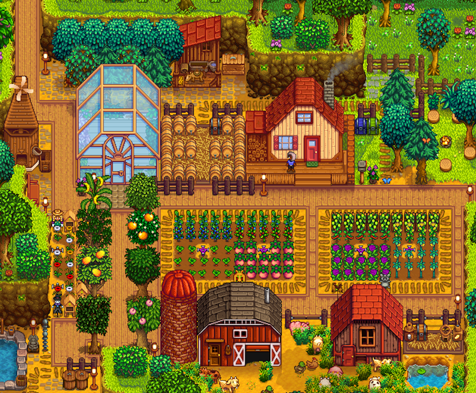 A Stardew Valley frm layout consisting of the top-right corner of a Four-Corner's farm decked out with wooden walkways and crops.
