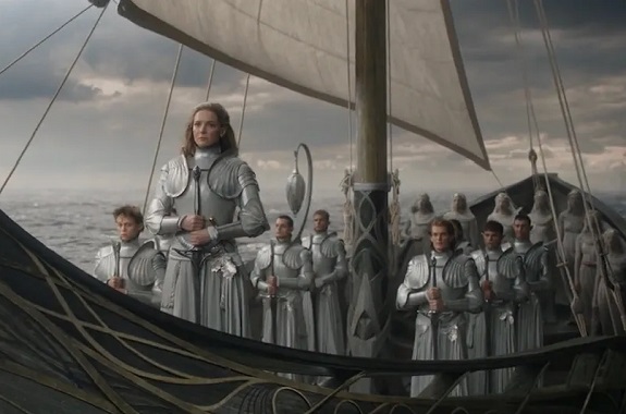 Elves on a ship with Galadriel at the front travelling to Valinor in The Rings of Power TV show