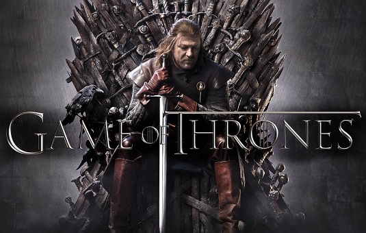Game of Thrones TV show poster for Season 1 with the character Ned Stark sitting on the Iron Throne
