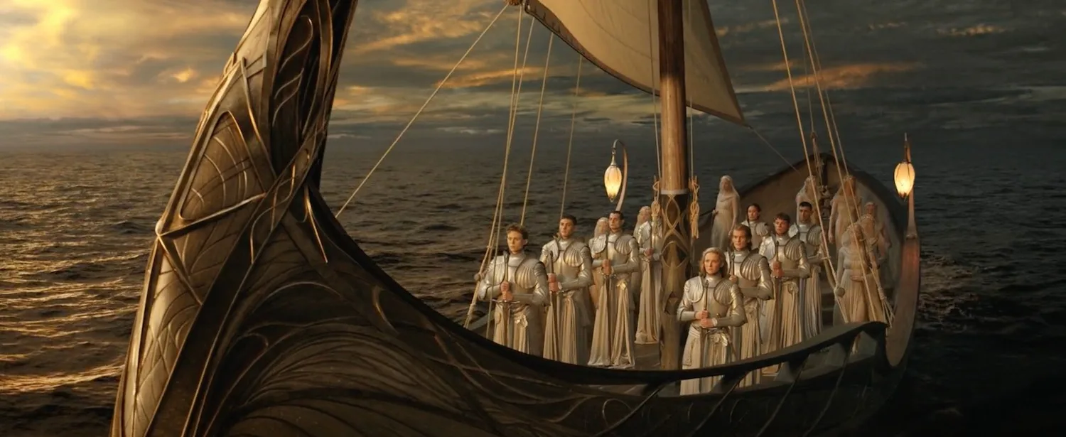Galadriel's Ship in the Sundering Seas in Season 1, Episode 2: Adrift of Lord of the Rings: The Rings of Power TV series