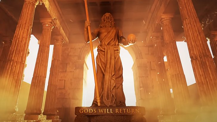 Zeus Statue In Greece With The Words Gods Will Return Carved Into It In The New Age of Mythology Retold Trailer
