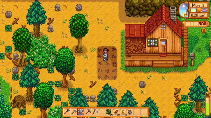 Screenshot from Stardew Valley of the player planting in their farm on day 1.