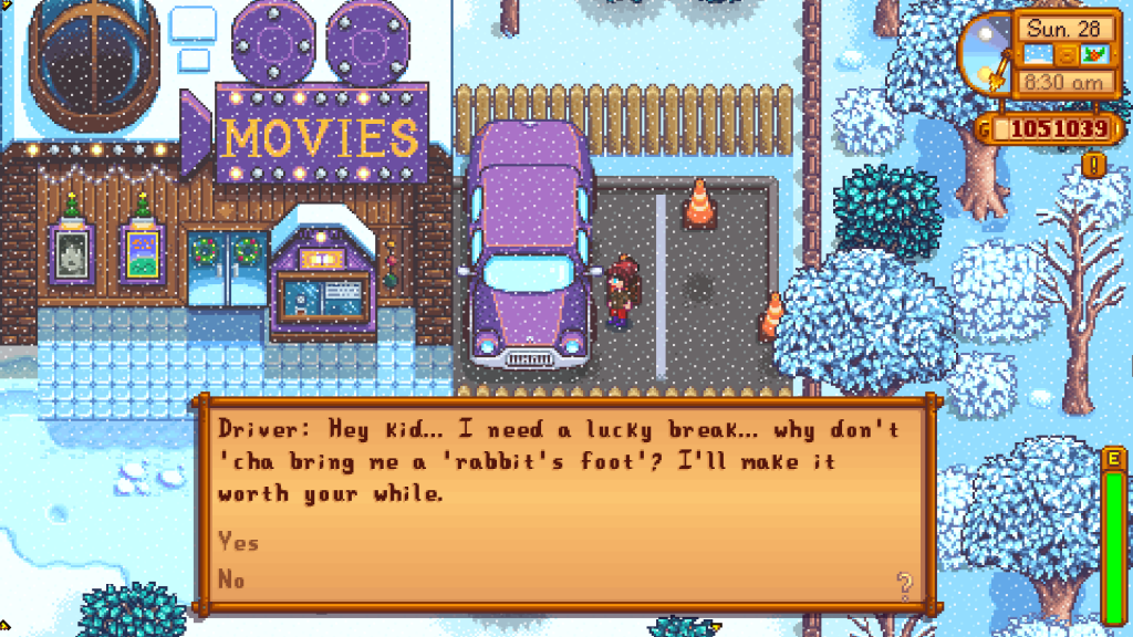 Screenshot of Stardew Valley. The player stands beside a purple truck parked beside the movie theater. A text box reads: "Driver: Hey kid...I need a lucky break...why don't 'cha bring me a 'rabbit's foot'? I'll make it worth your while. Yes/No."