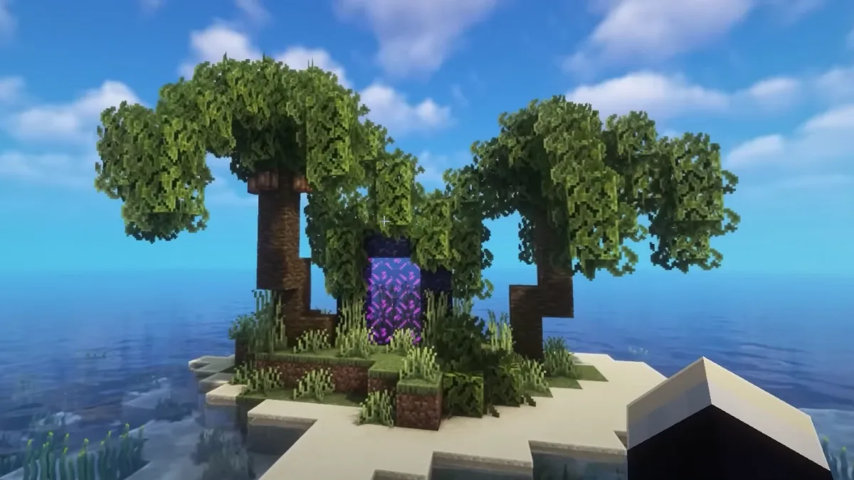 Nether Portal Between Trees in Minecraft
