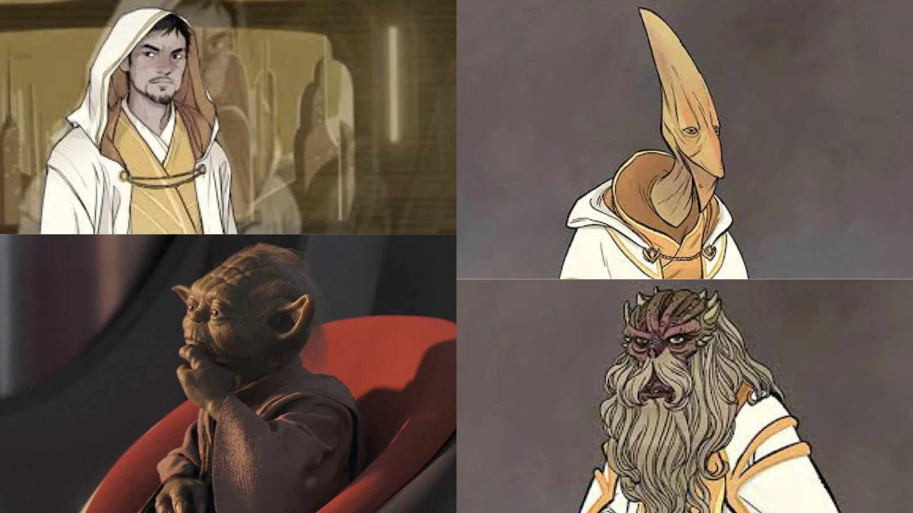 Jedi Grandmasters Ry Ki Sakka, Lahru, Pra-tre Veter, and Yoda