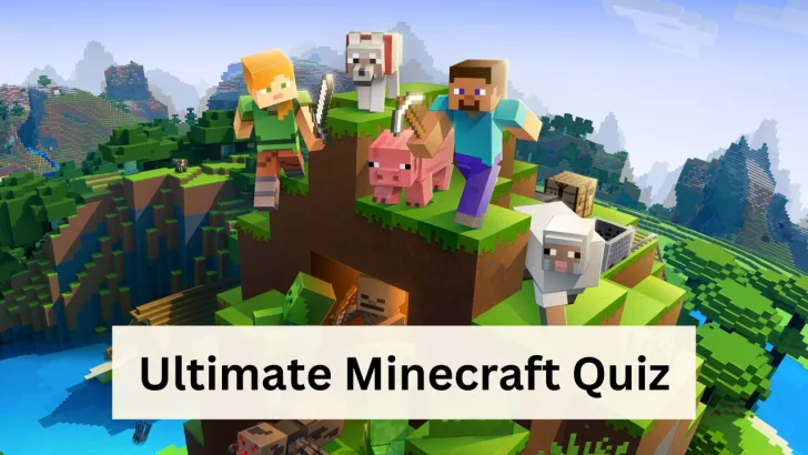Minecraft background scene with a Minecraft quiz banner on it
