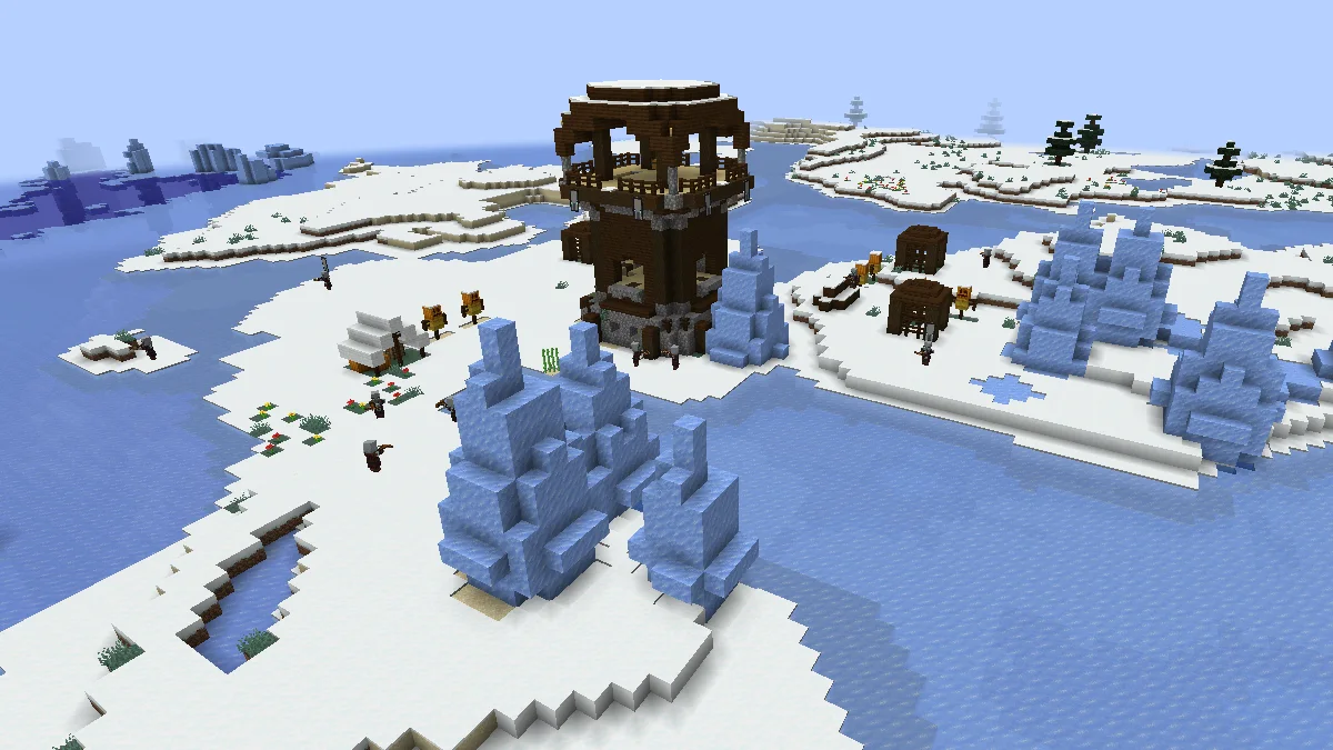 Pillager Outpost in a Frozen Lake With Imprisoned Allays at the Back