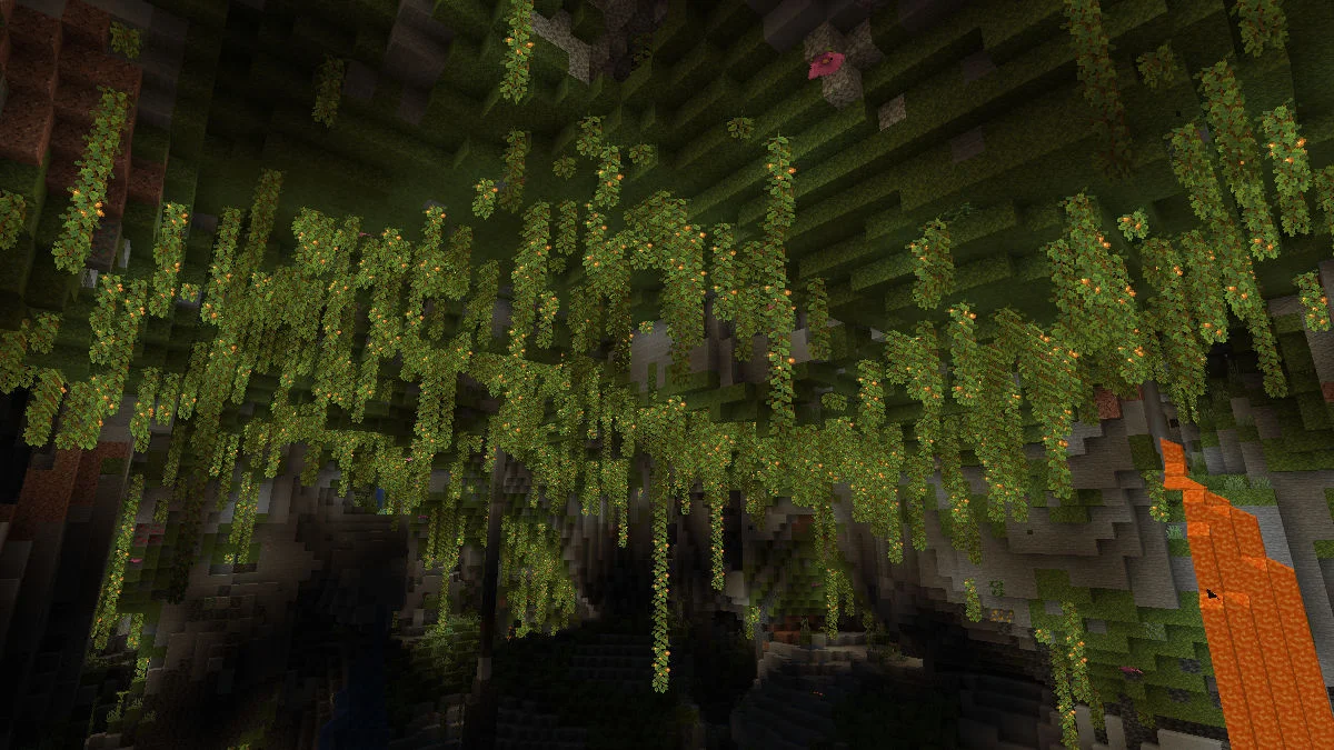 Lush Cave Biome with a Lavafall in the background