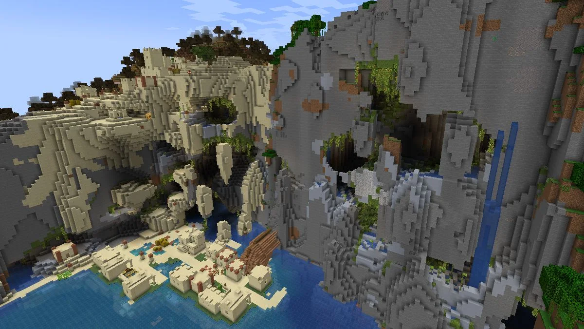 Exposed Lush Cave mountain with Desert Village at its side