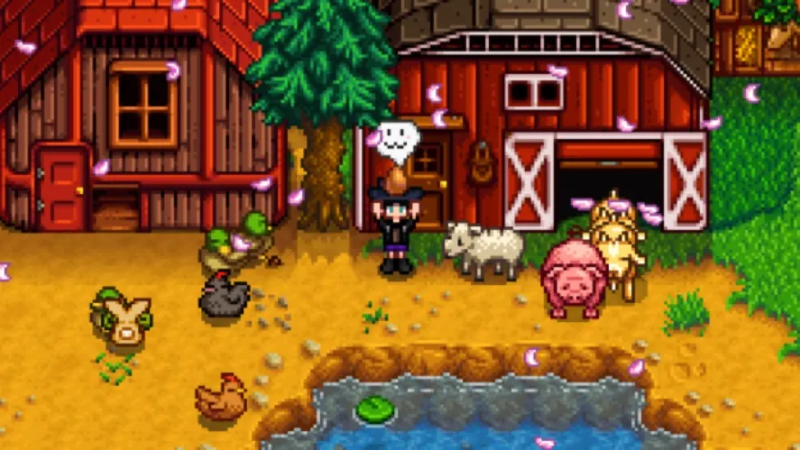 A Stardew Valley farmer holding an egg that is implied to be purple star or iridium quality