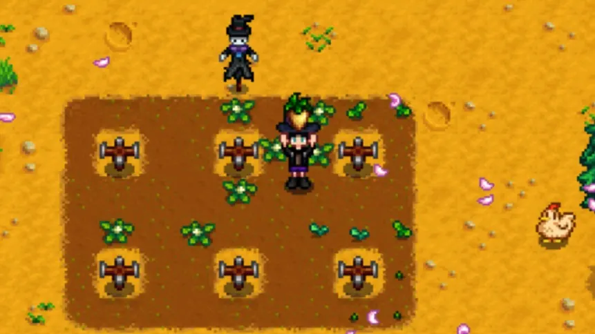 A Stardew Valley farmer holding up what is implied to be a purple star parsnip