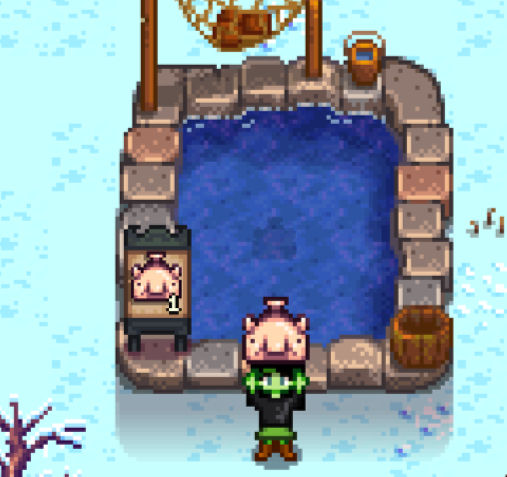 Character with Blobfish pond Stardew Valley