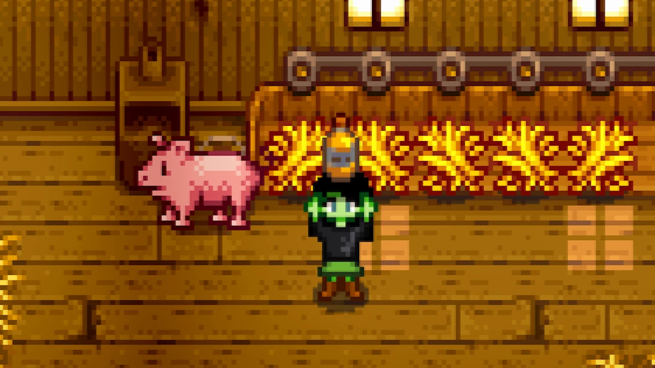 Character with truffle oil next to a pig in Stardew Valley