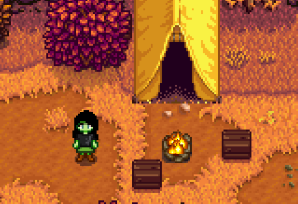 Stardew Valley Character standing outside of Linus' Tent